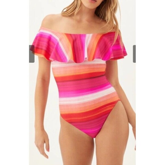 NEW Trina Turk Womens Pink Striped Ruffles Off Shoulder Swimsuit $184 Size 10 - Picture 4 of 15